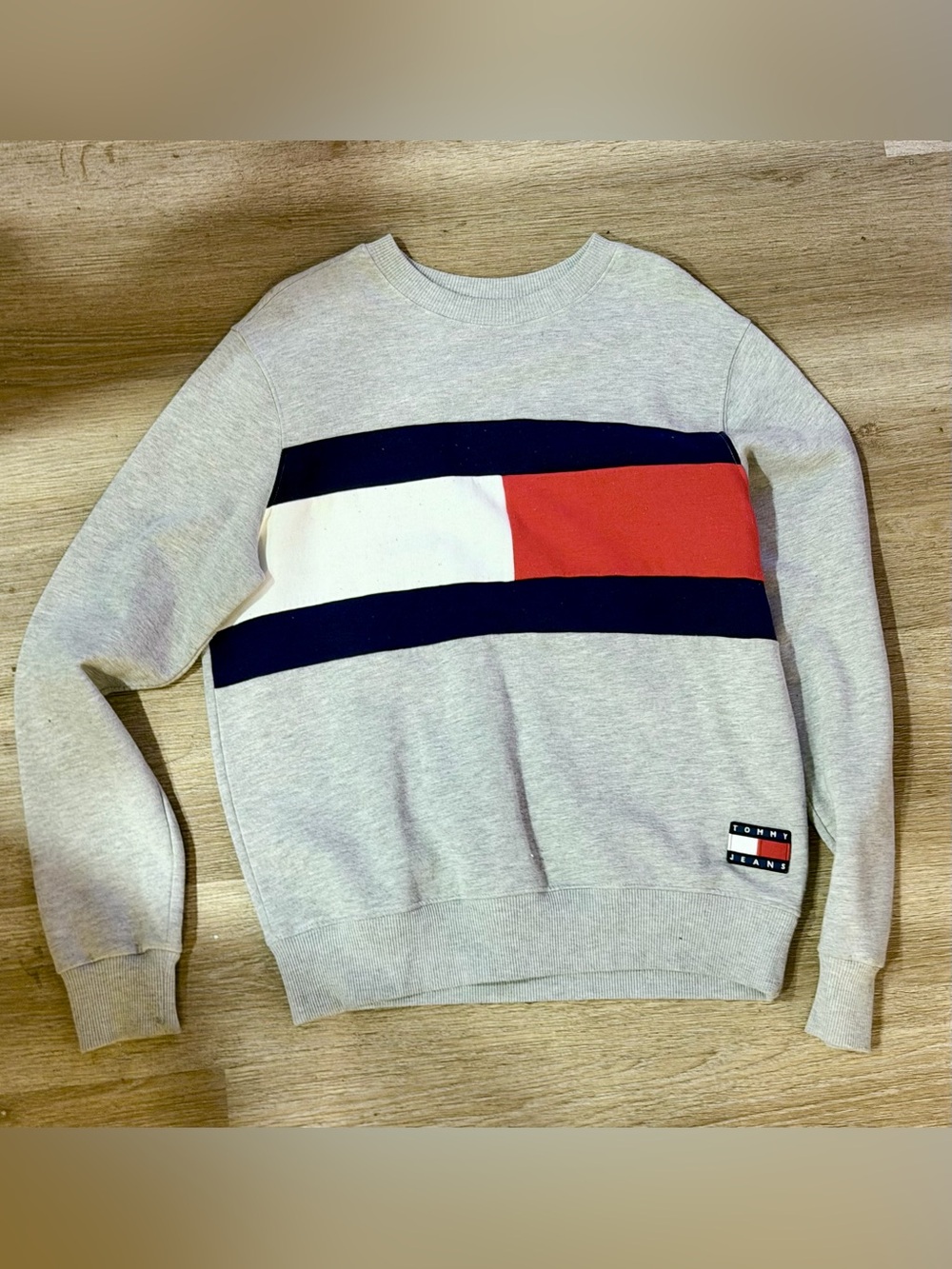 Tommy Hilfiger Gray Crewneck Sweater with Red, White & Navy Stripes
